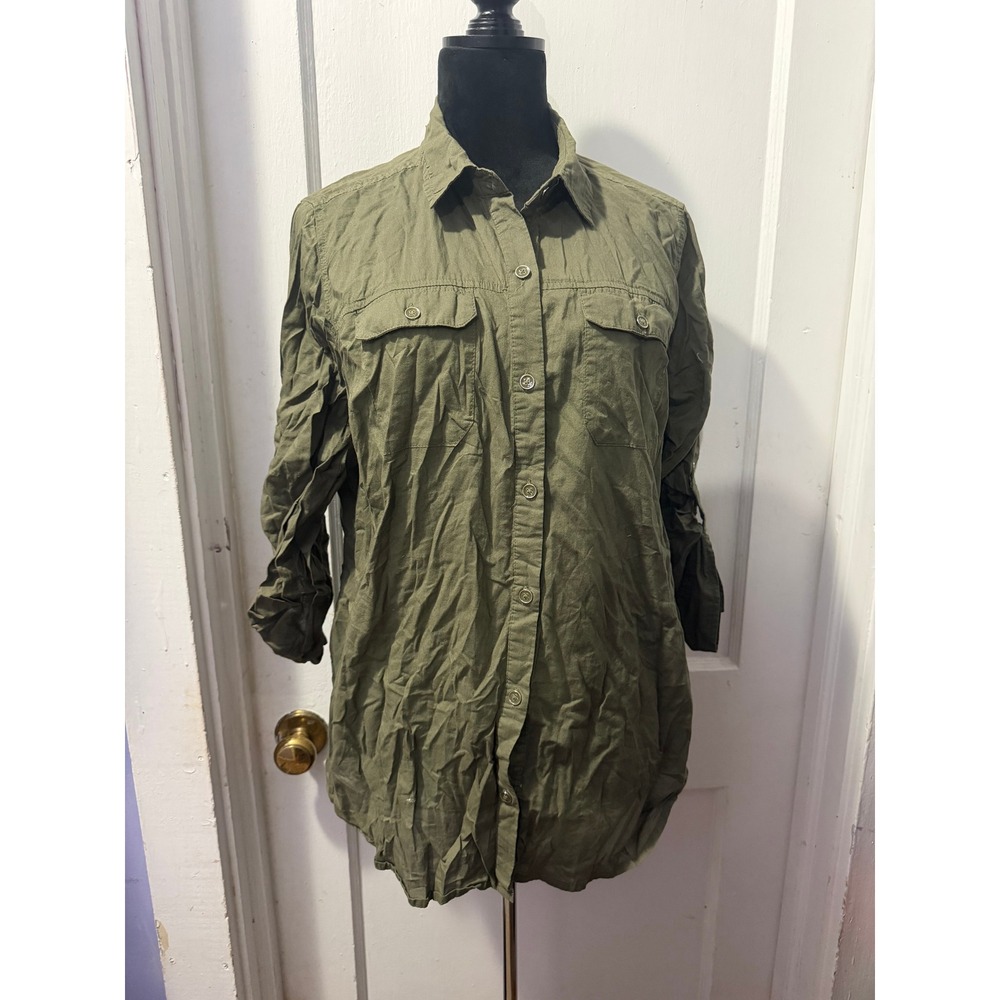 Cato Olive Green Lightweight Button Down 3/4 Sleeve Roll Tab Utility Top 18/20